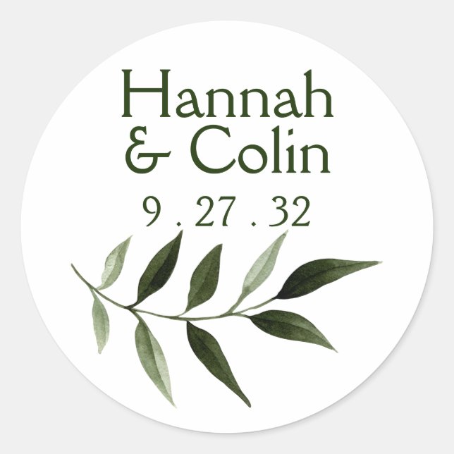 Elegant Minimal Leaves Frame Green Olive Names Classic Round Sticker (Front)