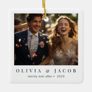 Elegant Minimal Merrily Ever After Newlywed Ceramic Ornament