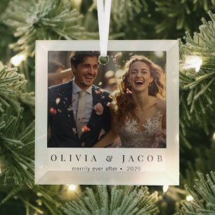 Elegant Minimal Merrily Ever After Newlywed Glass Ornament