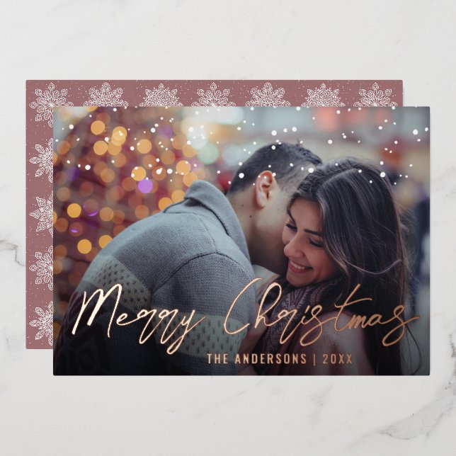 Elegant Minimal Merry Christmas Custom Photo   Foil Holiday Card (Front/Back)