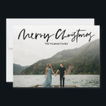 Elegant Minimal MERRY CHRISTMAS Photo Save The Date<br><div class="desc">Modern and simple christams photo card featuring a BLACK elegant handwritten script on the front and a timeless diagonal striped pattern on the back. Cards reverse colour can be changed to fit you photo colour scheme. All text style, colours, sizes can also be modified to fit your needs. For help...</div>