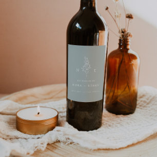 Elegant Minimal Monogram Leaf Sage Wedding Wine Label