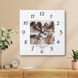 elegant minimal mrs & mr  4 photos collage wedding square wall clock