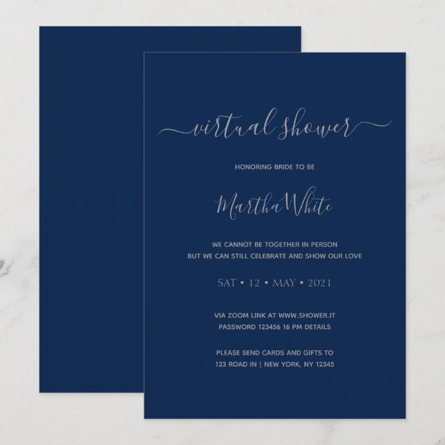 Elegant Minimal Navy Silver Virtual Bridal Shower Invitation (Front/Back)