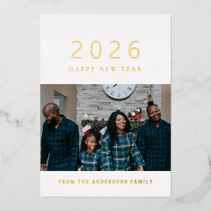 Elegant Minimal New Year Cheers Family Photo Foil Holiday Card