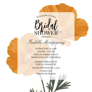 Elegant Minimal Orange Poppy Floral Bridal Shower Invitation