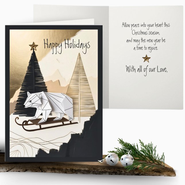 Elegant Minimal Origami Holiday Bear Sled Forest Card (Creator Uploaded)