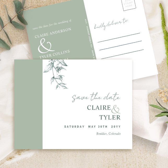 Elegant Minimal, Pale Green Wedding Save The Date Postcard (Creator Uploaded)