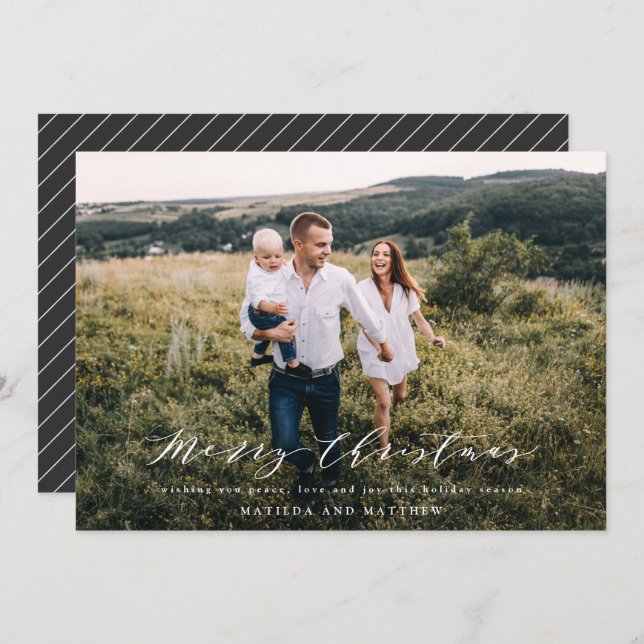 Elegant minimal photo Christmas script black white Holiday Card (Front/Back)