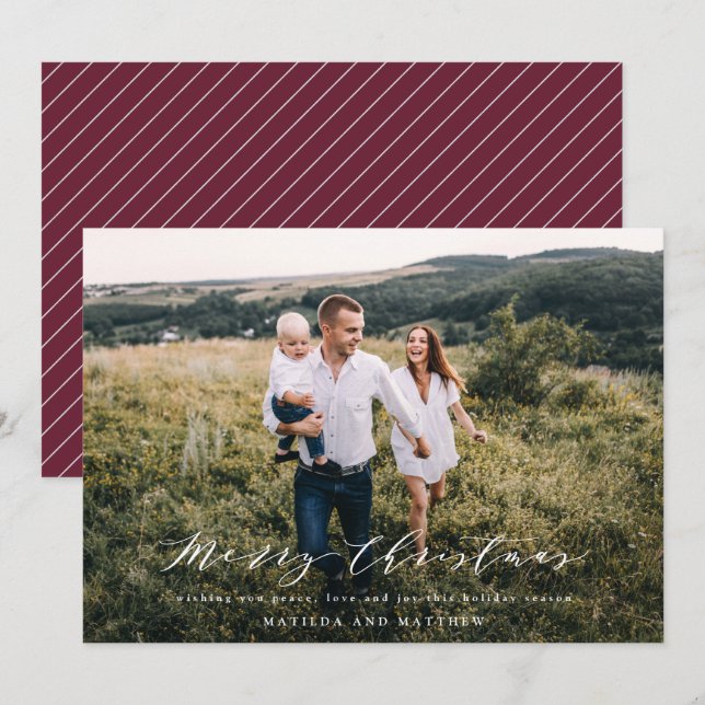 Elegant minimal photo Christmas script burgundy Holiday Card (Front/Back)