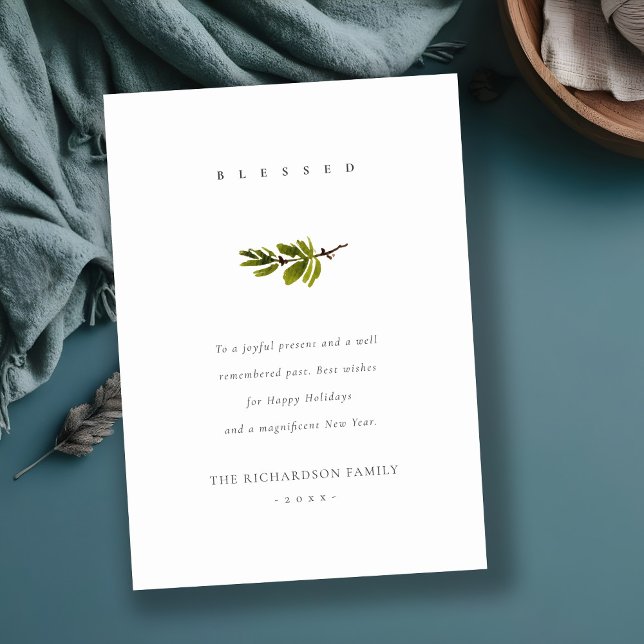 Elegant Minimal Pine Branch Christmas Blessed Holiday Card (Creator Uploaded)