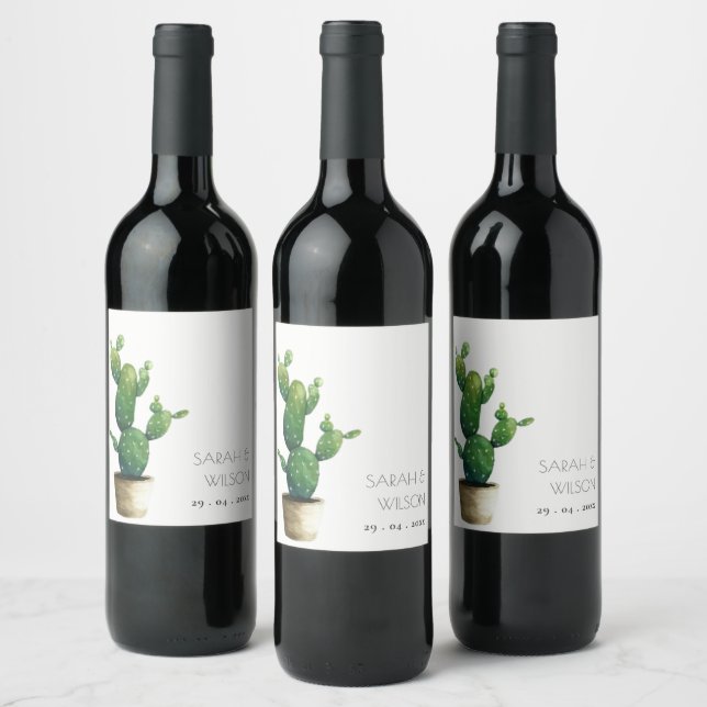 Elegant Minimal Potted Cactus Green Foliage Wine L Label (Bottles)
