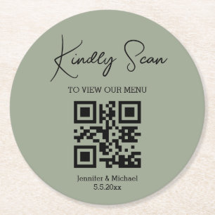 elegant minimal qr code wedding menu green round paper coaster