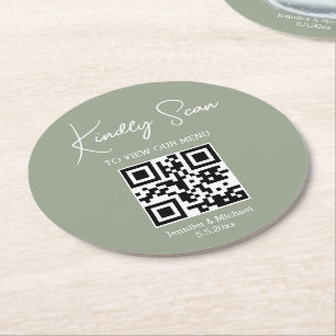 elegant minimal qr code wedding menu green white round paper coaster