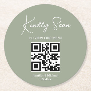 elegant minimal qr code wedding menu green white round paper coaster
