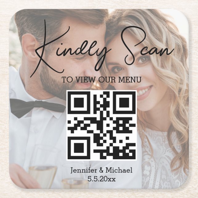 elegant minimal qr code wedding menu photo square paper coaster (Front)