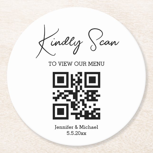 elegant minimal qr code wedding menu  round paper coaster (Front)