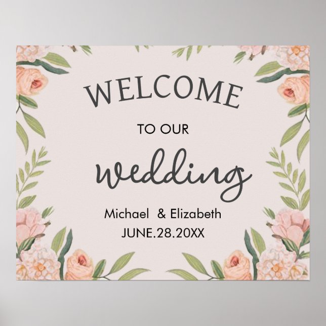 Elegant Minimal Rose Floral Wedding Welcome Sign (Front)