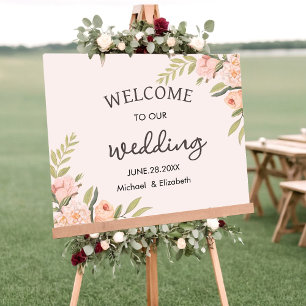Elegant Minimal Rose Floral Wedding Welcome Sign  