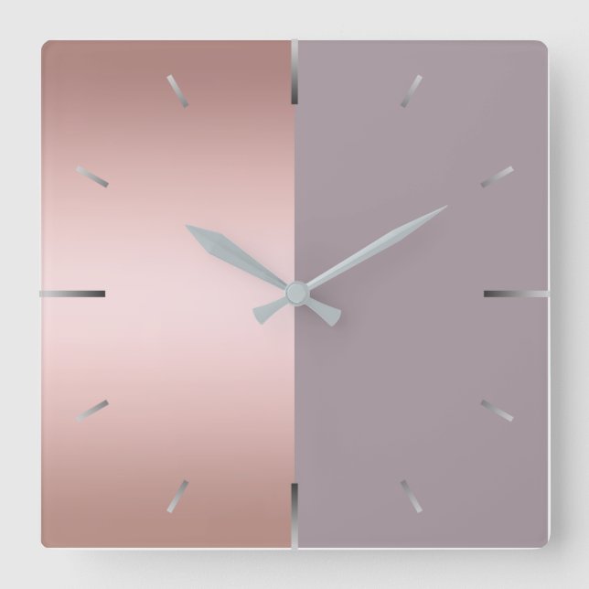 Elegant & minimal rose gold & purple colour block square wall clock (Front)