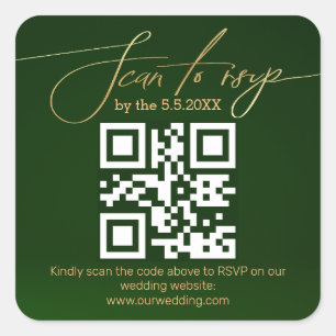 elegant minimal rsvp qr code wedding green gold square sticker