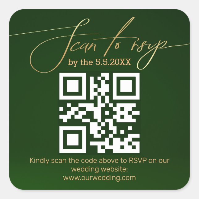 elegant minimal rsvp qr code wedding green gold square sticker (Front)