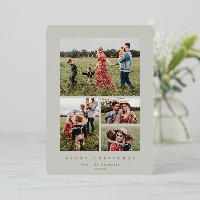 Elegant Minimal Sage Green Frame 4 Photo Foil Holiday Card (Standing Front)