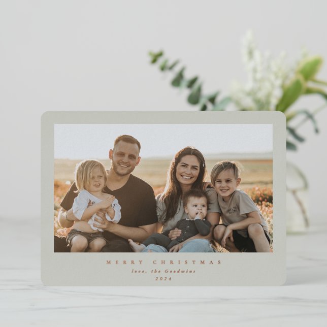 Elegant Minimal Sage Green Frame Single Photo Foil Holiday Card (Standing Front)