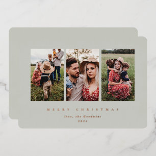 Elegant Minimal Sage Green Frame Triple Photo Foil Holiday Card