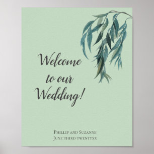 Elegant Minimal Sage Green Willow Branch Wedding Poster