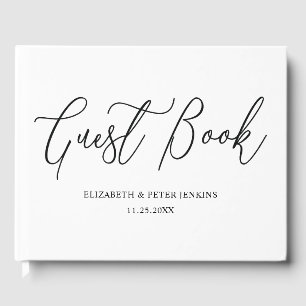 Elegant Minimal Script Black White Wedding Guest Book