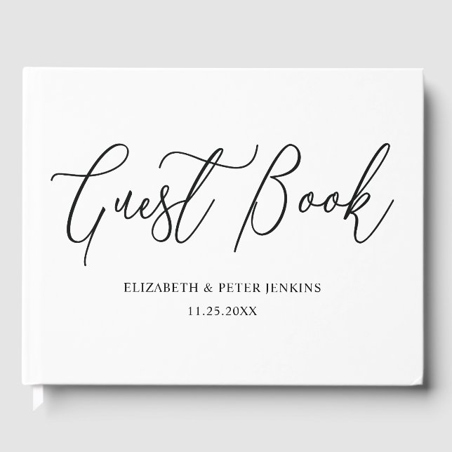 Elegant Minimal Script Black White Wedding Guest Book (Front)