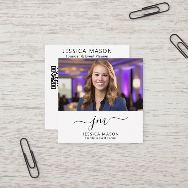 Elegant Minimal Script Calligraphy Monogram Photo Square Business Card (Front/Back In Situ)