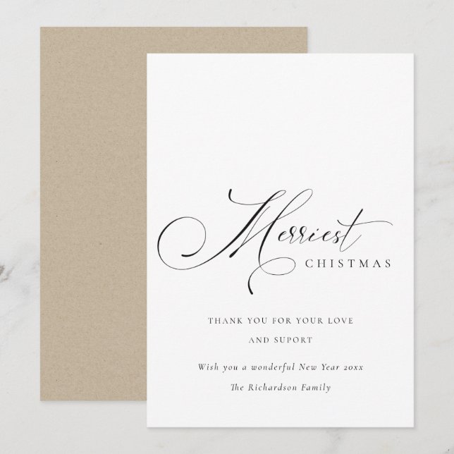 Elegant Minimal Script Merriest Christmas Greeting Holiday Card (Front/Back)