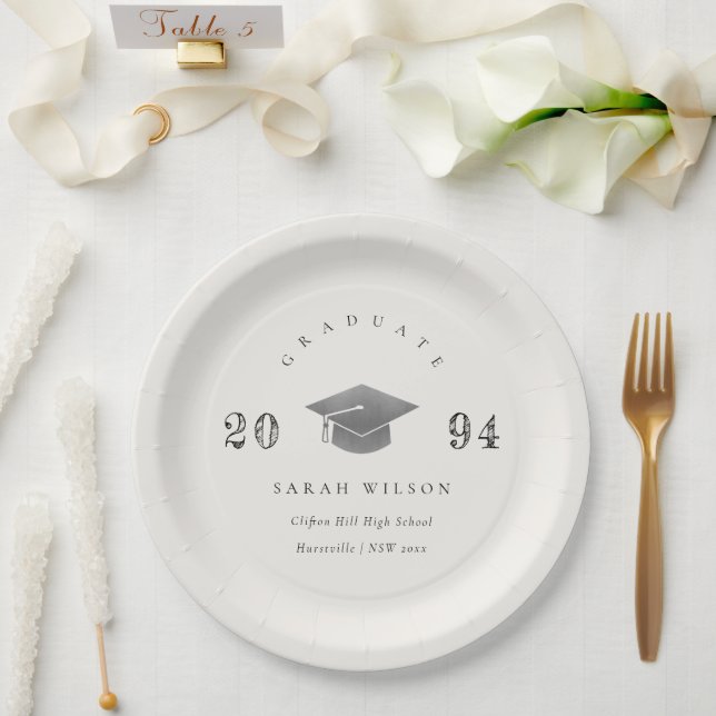 Elegant Minimal Simple Graduation Silver Foil Paper Plate (Wedding)