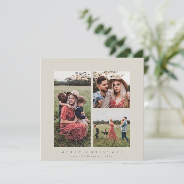 Elegant Minimal Square Triple Photo Holiday Card (Standing Front)