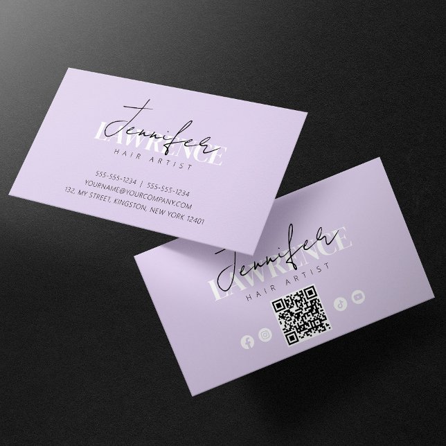 Elegant Minimal Violet Trendy HairStylist QR Code Business Card (Creator Uploaded)