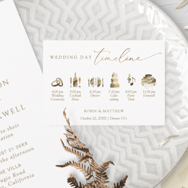 Elegant Minimal White and Gold Wedding Timeline Enclosure Card (Creator Uploaded)