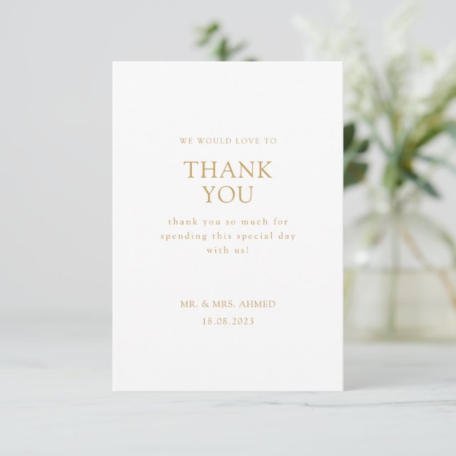 Elegant Minimal White Gold Script Muslim Wedding Thank You Card (Standing Front)