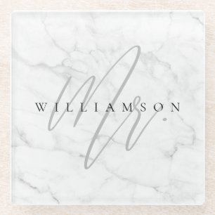 Elegant Minimal White Marble Mr. Script Custom Glass Coaster