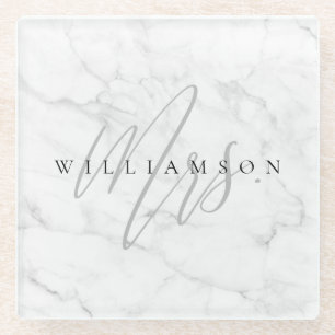 Elegant Minimal White Marble Mrs. Script Custom Glass Coaster