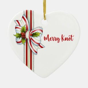 Elegant Minimal White Red Green Ribbon Christmas Ceramic Ornament