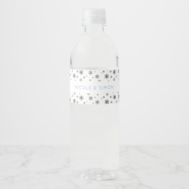 Elegant Minimal Winter Snowflakes Pattern Initials Water Bottle Label (Front)