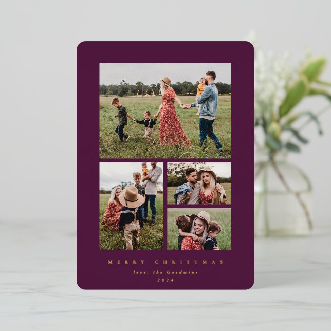 Elegant Minimal Winterberry Frame 4 Photo Foil Holiday Card (Standing Front)