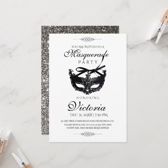 Elegant Minimalis Silver Masquerade Party Birthday Invitation (Front/Back In Situ)