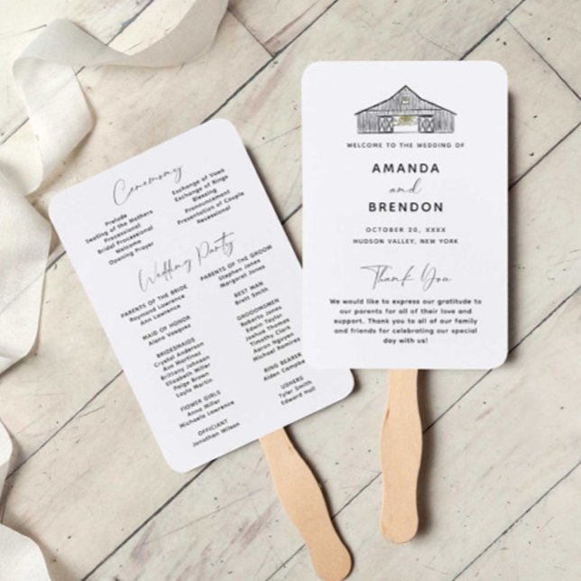 Elegant Minimalist Barn Wedding Program Hand Fan (Creator Uploaded)