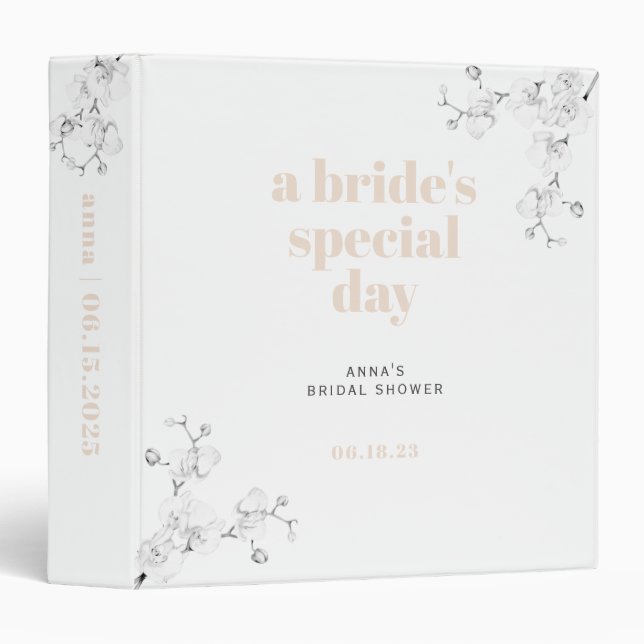 Elegant Minimalist Beige Orchids Bridal Shower Day Binder (Front/Spine)