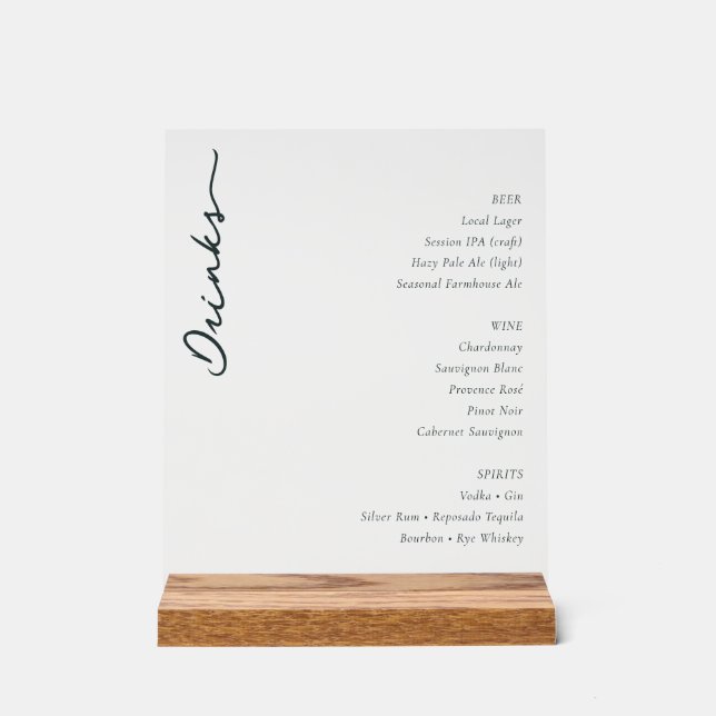 Elegant Minimalist Beverage Menu Acrylic Sign (Front)