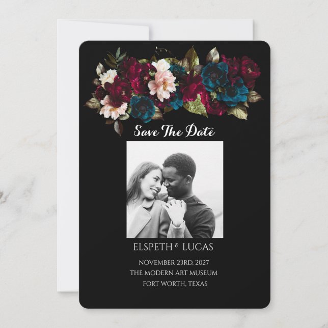 Elegant Minimalist Black and Floral Wedding Save The Date (Front)