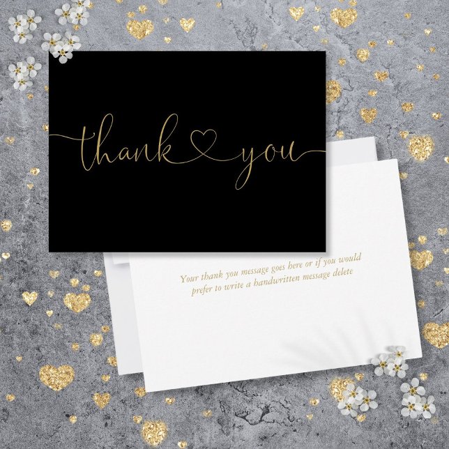 Elegant Minimalist Black And Gold Script Heart  Thank You Card (Elegant Minimalist Black And Gold Script Heart Thank You Card)